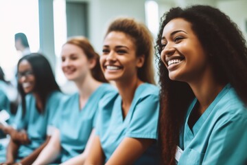 Fototapeta premium diverse group of smiling female nurses at training at college