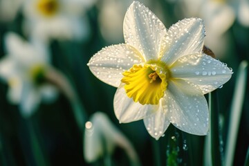 Fototapeta premium Close-up of dew-kissed white daffodil in bloom during sunrise