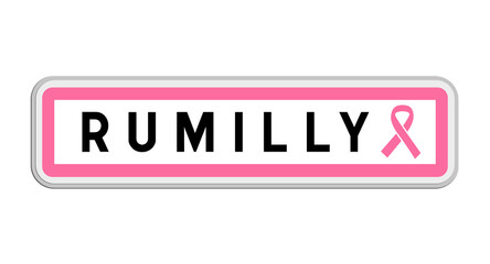 Panneau de sortie de Rumilly, Haute-Savoie, Auvergne-Rhône-Alpes avec Ruban Octobre Rose