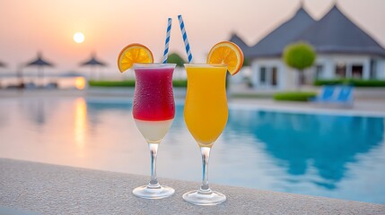 Two colorful cocktails with orange slices and straws by a swimming pool at sunset