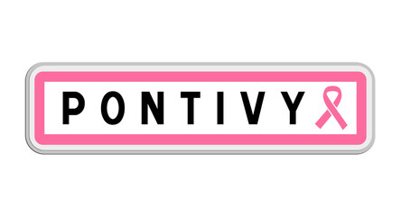 Panneau de sortie de Pontivy, Morbihan, Bretagne avec Ruban Octobre Rose