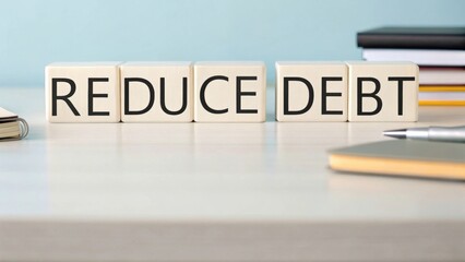 Blocks spell "Reduce Debt" on a desk surrounded by stationery and notebooks.