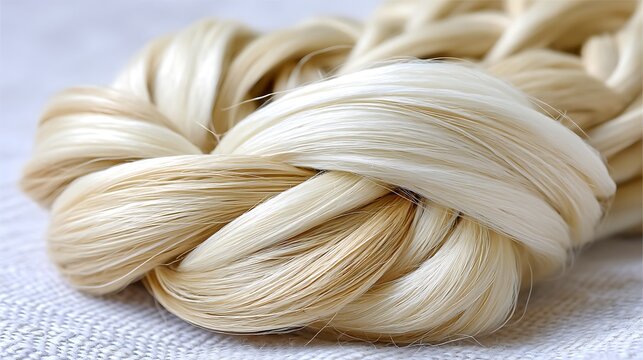 A close-up of a bundle of soft, cream-colored, natural fibers, twisted and knotted, resembling silk