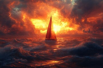 Sailboat sailing on a stormy sea with dramatic orange and red sky.