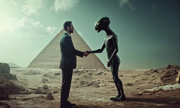 Alien and Businessman Shaking Hands in Front of Pyramid. Sci-Fi Conspiracy Concept with Extraterrestrial Alliance