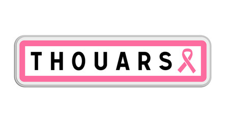 Panneau de sortie de Thouars, Deux-Sèvres, Nouvelle-Aquitaine avec Ruban Octobre Rose