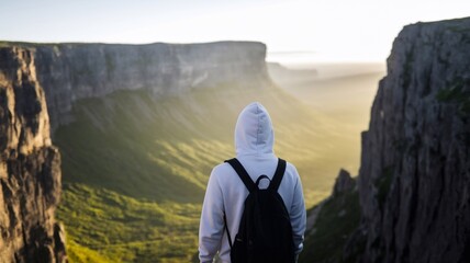 Back view of a hiker in hoodie and backpack standing between cliffs at sunrise. Ideal for mockup use, outdoor ads, adventure branding or motivational content.