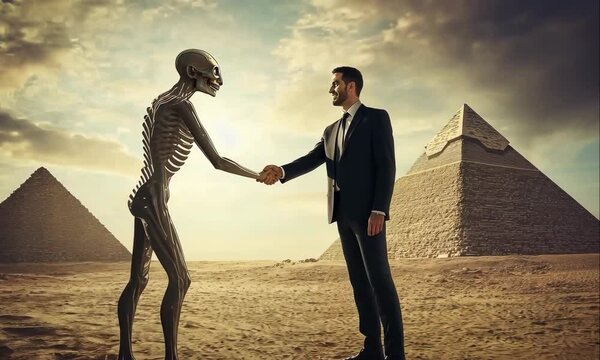 A Businessman Shakes Hands with an Alien Creature, in the Desert, with Pyramid Behind Them