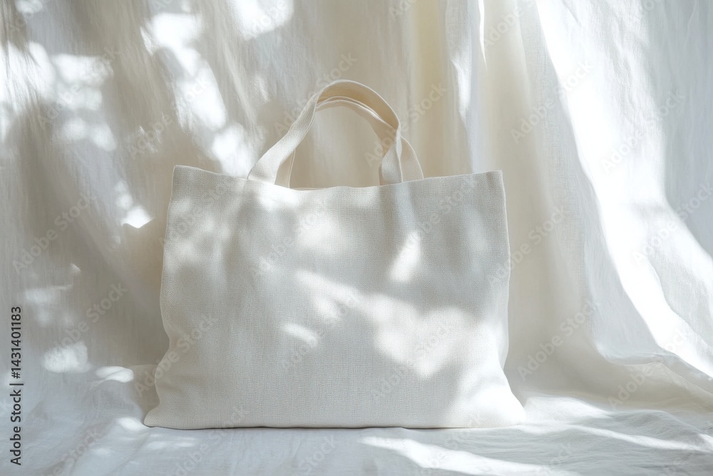 Aufkleber beige tote bag sitting against a light-colored, draped backdrop with some tree shadows. it is a clea