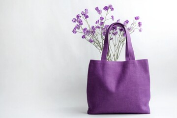 A purple tote bag holds delicate purple flowers, set against a minimalist white backdrop, showcasing simple elegance and sustainable style.