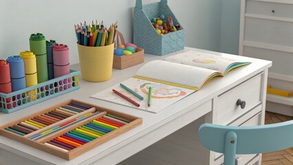 Children's art station with colored pencils, open coloring books, crayons, and craft materials neatly arranged on a white desk.