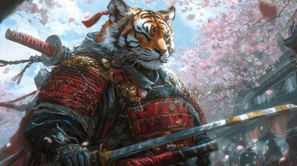 Tiger Samurai in Sakura Blossom Town