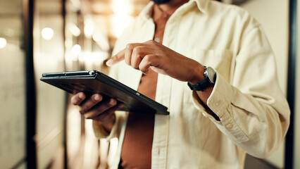 Hands, business and person on tablet in office for article research, schedule update and reading proposal. Journalist, digital and review email, website information and story feedback for publication