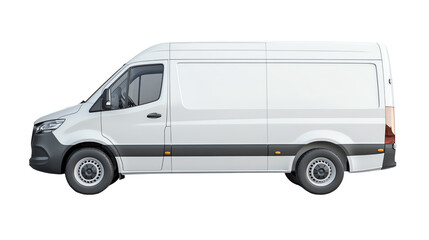 Side view of a modern white delivery van on a white isolated background.