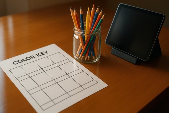 Blank Color Key Page with Pencil Jar and Tablet Stand on Wooden Animation Table

