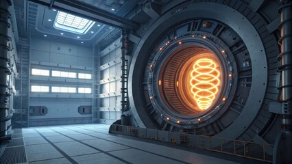 Fototapeta premium A futuristic chamber features a glowing spiraled energy source, surrounded by metallic walls and advanced machinery, creating a high-tech atmosphere.