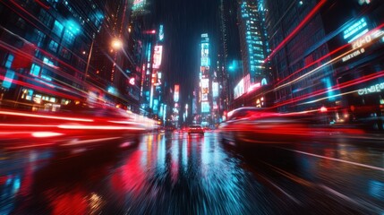 Nighttime city street, rain, speeding cars, vibrant lights, urban backdrop; website banner