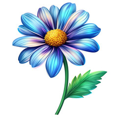 Vibrant blue and white flower with detailed petals and green leaf, isolated on a white background.