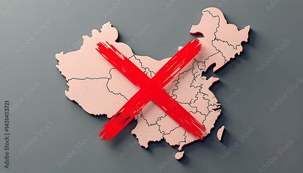 Fototapete outline of china in red, grayscale background, minimal flat design style, political message layout b