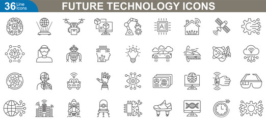 Future technology icons set. Artificial intelligence, flying car, robotics, virtual reality, quantum computing, smart devices, space tech, emerging innovations and more. Vector illustration