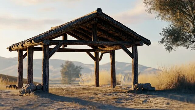 rustic wooden structure in a desert-like environment, warm tones, focus on simplicity and solitude