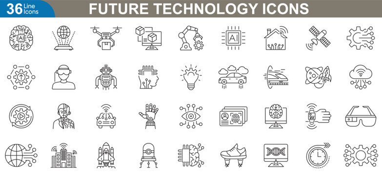 Future technology icons set. Artificial intelligence, flying car, robotics, virtual reality, quantum computing, smart devices, space tech, emerging innovations and more. Vector illustration