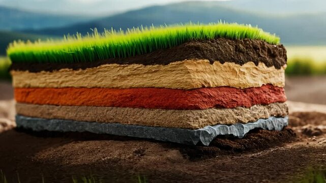 Layered Earth: A cross-section of earth reveals distinct geological layers topped with vibrant green grass, showcasing the intricate composition of the ground beneath our feet.