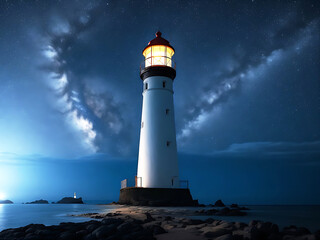 Obraz premium Beautiful Starry Sky and Milky Way with Charming Lighthouse