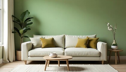 Fototapeta premium Interior of modern living room with comfortable sofa, olive pillows and wooden table pastel green walls created with generative ai