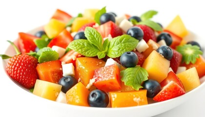 Colorful fruit salad in a white bowl