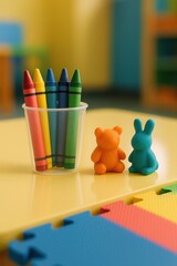 Clay Bear and Bunny beside Crayon Cup on Preschool Table with Puzzle Mat

