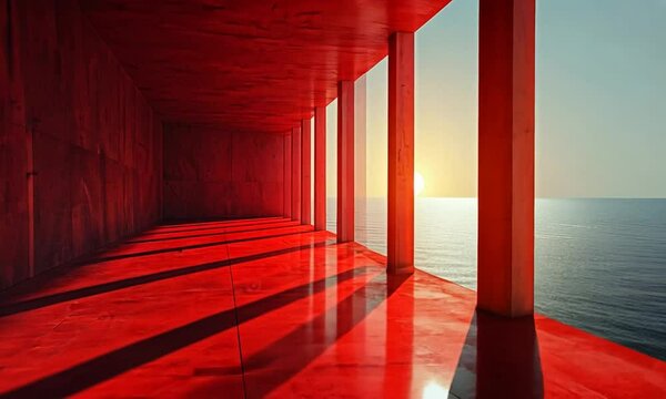 A vibrant red interior space with large windows showcasing a sunset over the ocean