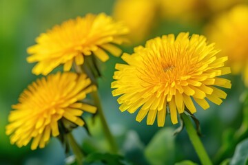 Bright yellow dandelion flowers in lush greenery