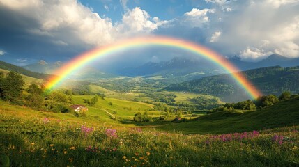 Rainbow over Majestic Mountain Valley Landscape