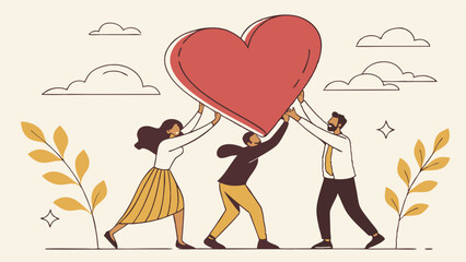 Teamwork Collaboration Lifting Giant Heart Shape Success Sharing Love And Support Flat Vector Illustration