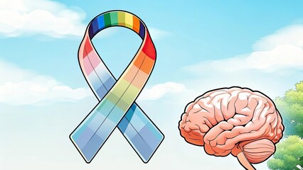 Awareness ribbon in pastel rainbow colors beside human brain under blue sky with clouds, representing mental health support...