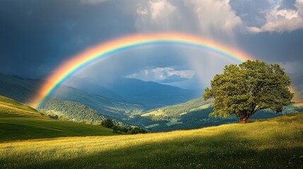 Naklejka premium Rainbow over Majestic Mountain Landscape