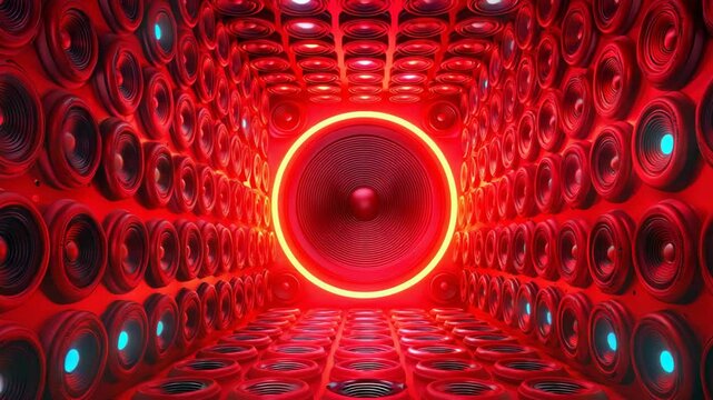 Speakers arranged in a square room with a large speaker circled by a neon light in the center, red colors, audio tech