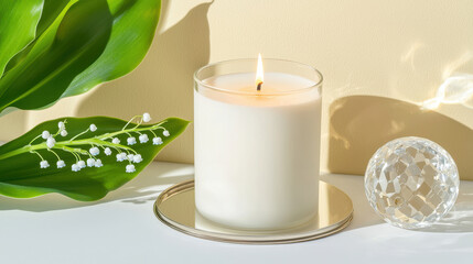 Serene candle beside delicate lily of valley evokes tranquility and elegance