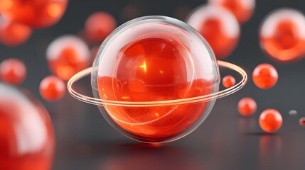 A vibrant, visually captivating 3D render of a translucent red sphere surrounded by smaller orbs, showcasing themes of energy, atomic structures, and futuristic design elements.