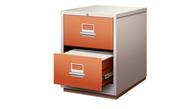 Illustration of a filing cabinet with open drawer full of documents isolated on transparent background	