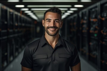 Fototapeta premium Portrait of smiling hispanic male technician in server room