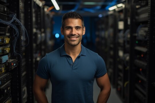 Portrait of smiling hispanic male technician in server room
