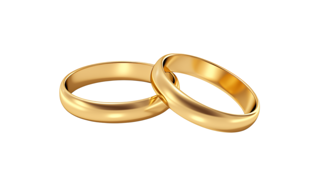 Two golden rings intertwined on a dark surface symbolizing commitment isolated on transparent background	