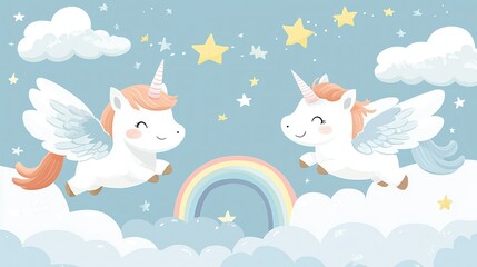 Cute winged unicorns flying in sky with clouds and rainbow