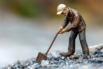 Obraz premium Miniature male figure digging with shovel on gravel surface