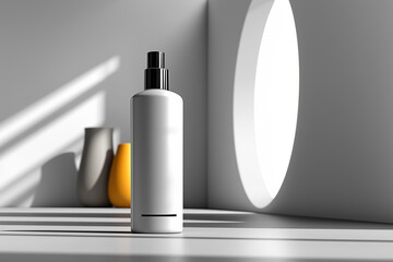 White cosmetics bottle standing on table in modern minimalist room