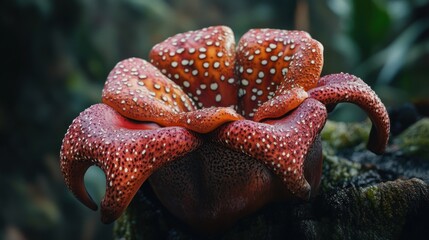Fototapeta premium Stunning, vibrant, exotic flower. Close-up of a rare, tropical bloom. Intricate details of the petals, unique shape and color. Blooming in the wild
