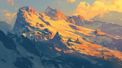 Obraz premium Majestic mountain range at golden sunset. Snowy peaks, dramatic light