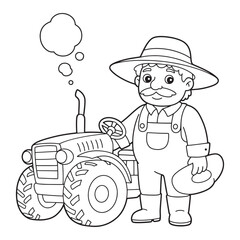 Obraz premium Farmer thinking about tractor - Children's coloring book illustration 